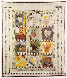 
Irena's Quilt, 1996. Hand applique and embroidery, machine-pieced, cotton fabrics.
